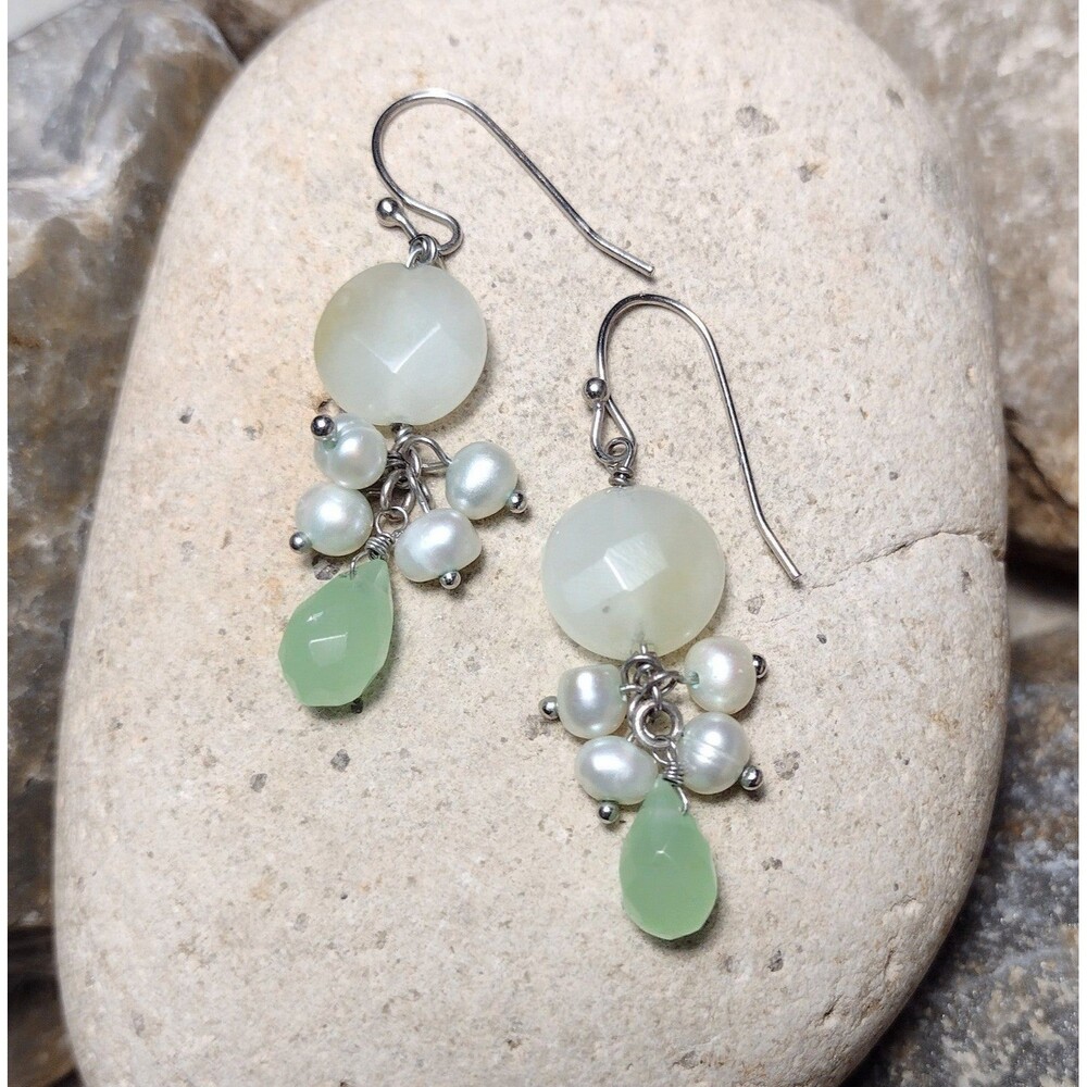 Chalcedony Crystal Pearl Green Dangle Earrings